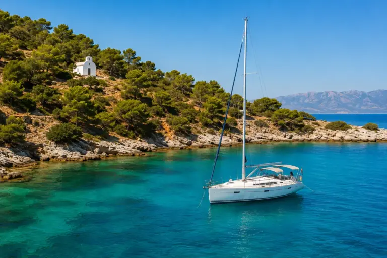 Segelyacht in einer tuerkisen Bucht im Saronischen Golf bei Athen mit weisser Kapelle