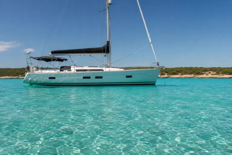 Segelyacht ankert in tuerkiser Bucht vor Formentera bei Ibiza