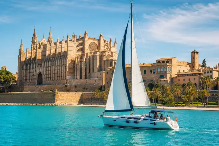 Segelyacht vor der gotischen Kathedrale La Seu von Palma de Mallorca