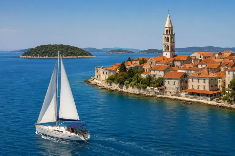 Segelyacht vor einer dalmatinischen Altstadt mit Terrakottadaechern nahe Split in Kroatien
