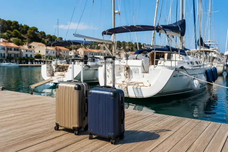 Rollkoffer am Holzsteg einer Marina mit Segelyachten