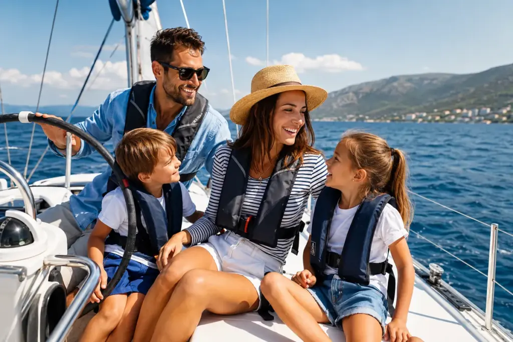 Familie mit zwei Kindern in Rettungswesten auf einer Segelyacht