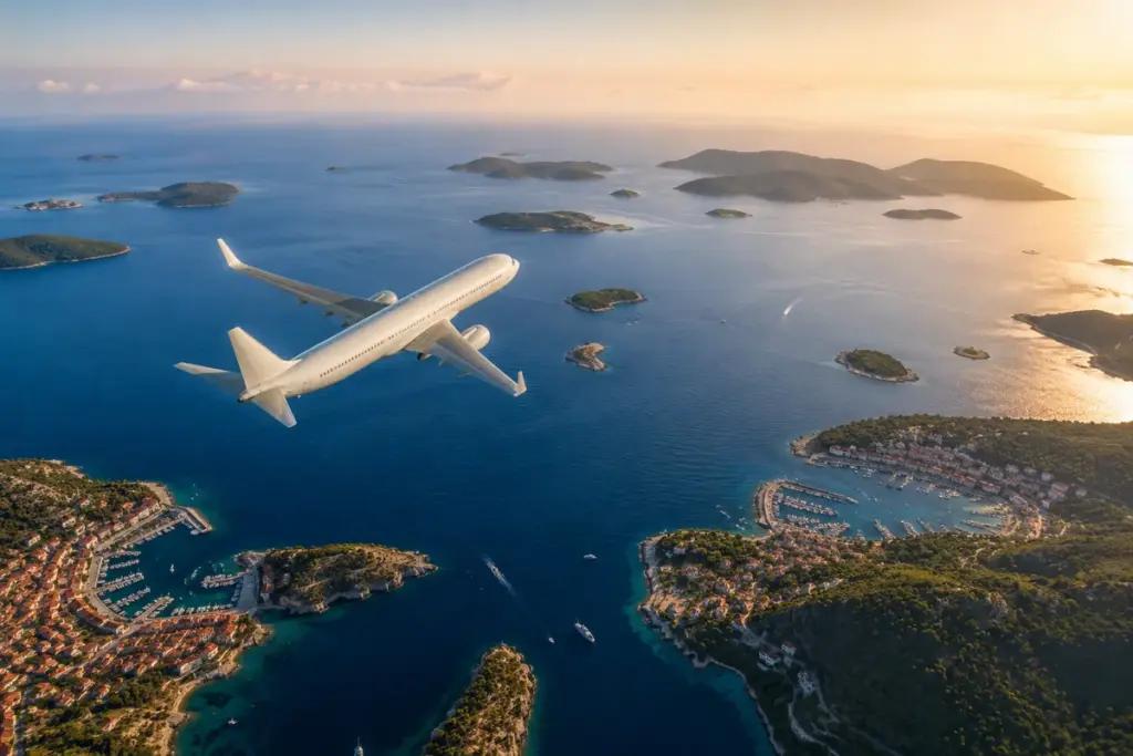 Passagierflugzeug ueber einem Meer mit Inseln und Haefen im Abendlicht