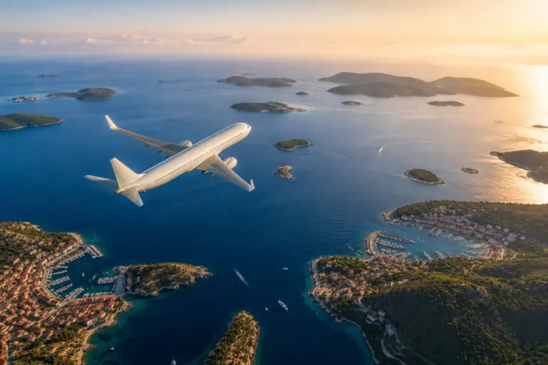 Passagierflugzeug ueber einem Meer mit Inseln und Haefen im Abendlicht