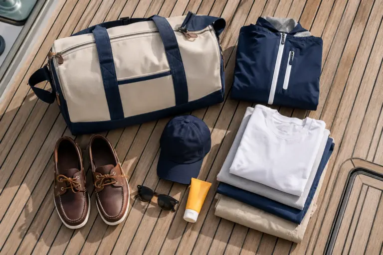 Flatlay mit Packliste-Essentials fuer den Segeltoern auf einem Holzdeck