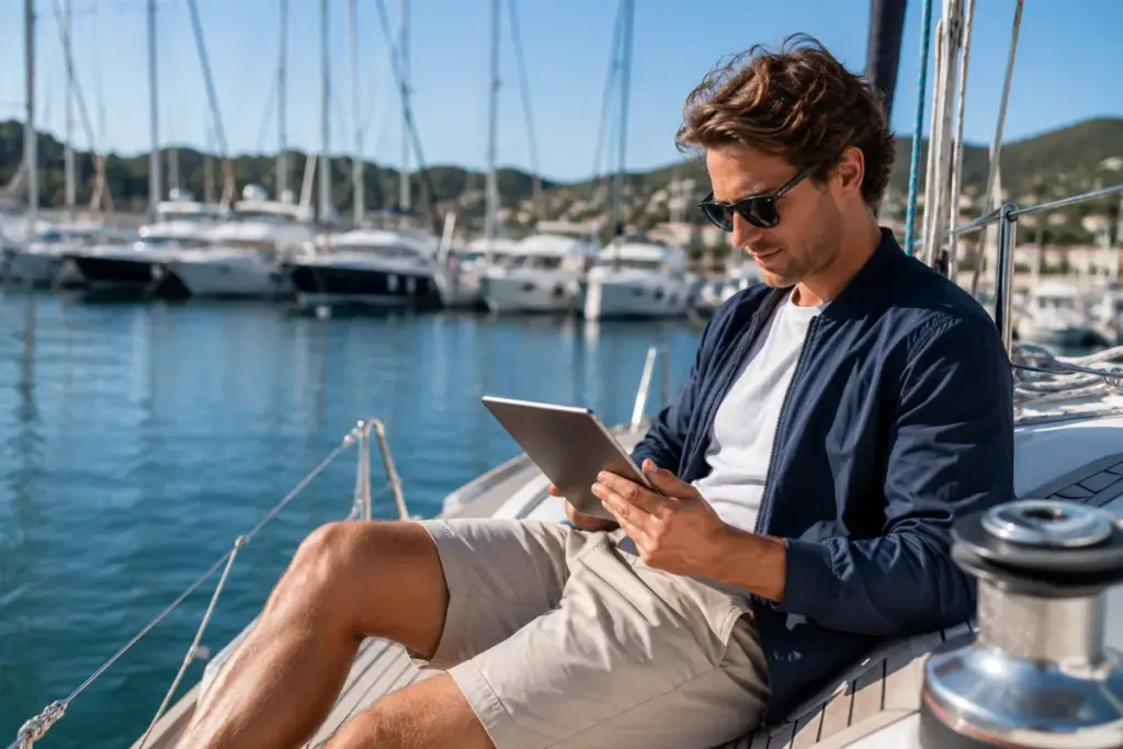 Skipper prueft entspannt Reiseunterlagen auf einem Tablet an Bord in der Marina