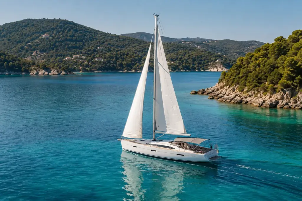 Segelyacht in einer gruenen Bucht im Ionischen Meer bei Korfu und Lefkas