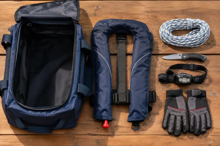 Flatlay mit Segelausruestung: Rettungsweste, Messer, Leine, Stirnlampe und Handschuhe