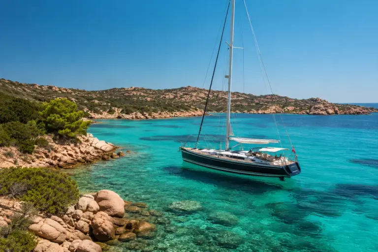 Segelyacht in einer tuerkisen Bucht an der Costa Smeralda auf Sardinien mit rosa Granitfelsen