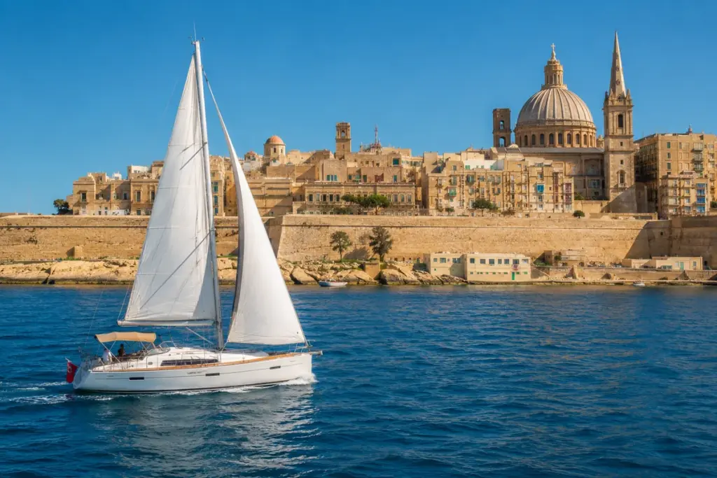 Segelyacht vor den honigfarbenen Festungsmauern von Valletta auf Malta