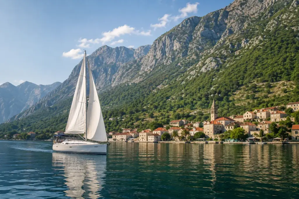 Segelyacht in der Bucht von Kotor in Montenegro mit steilen Bergen