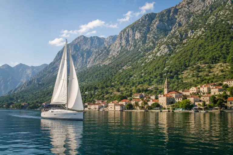 Segelyacht in der Bucht von Kotor in Montenegro mit steilen Bergen