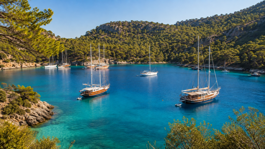 Segelyachten im Hafen von Göcek an der türkischen Küste – Anreise über Dalaman