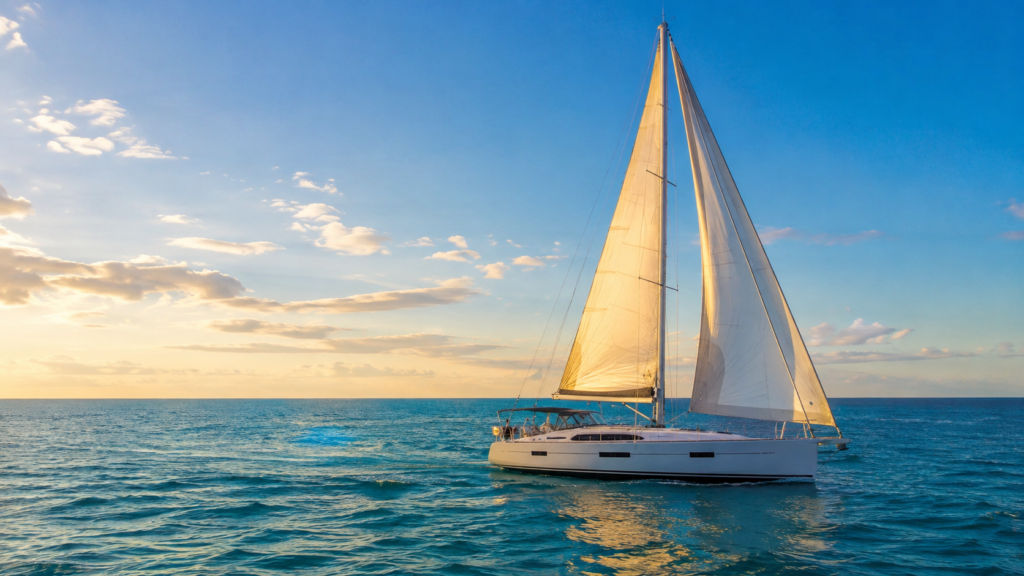 Segelyacht auf dem Mittelmeer im goldenen Licht der Nebensaison
